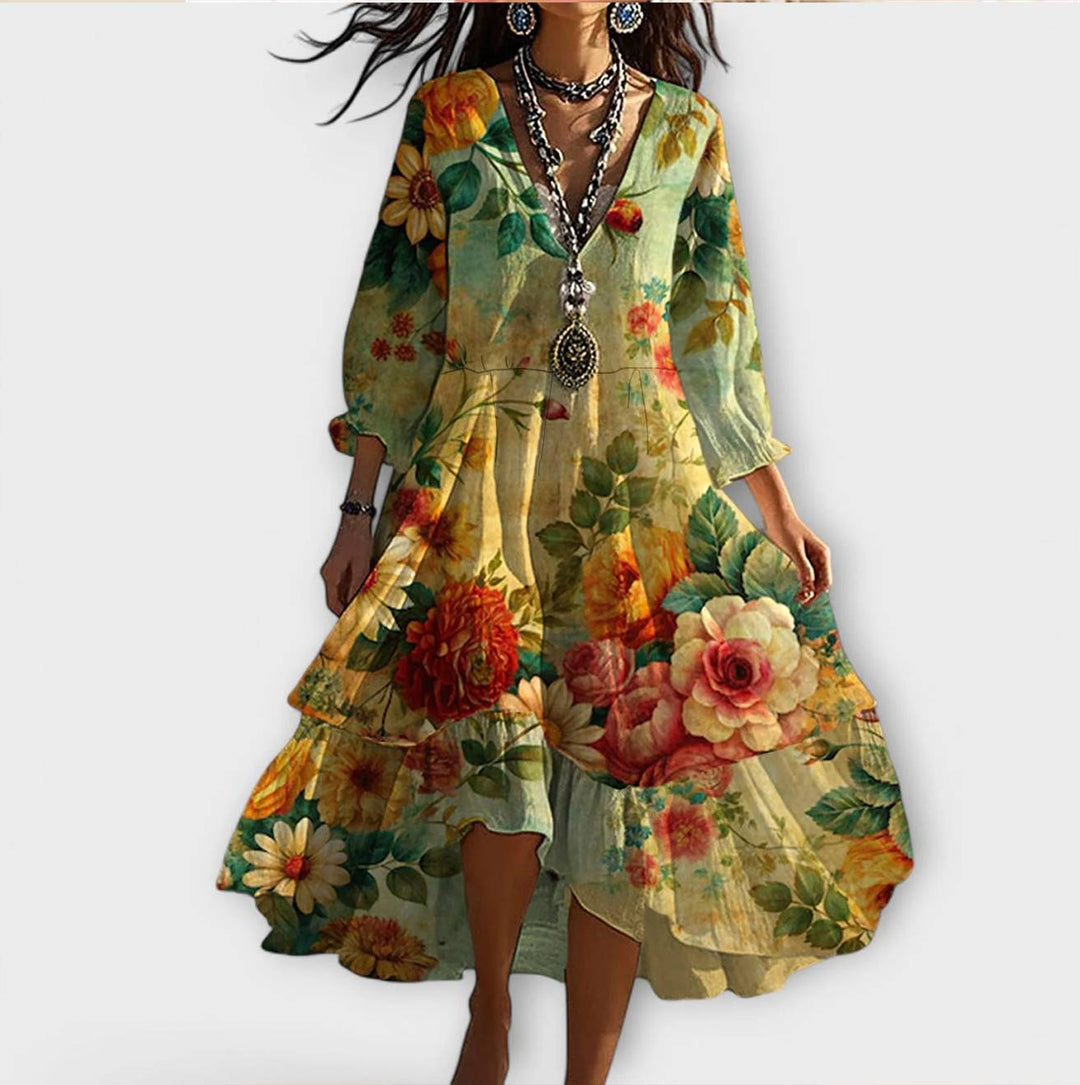 Marina - Vintage Boho blommönster V-ringad klänning