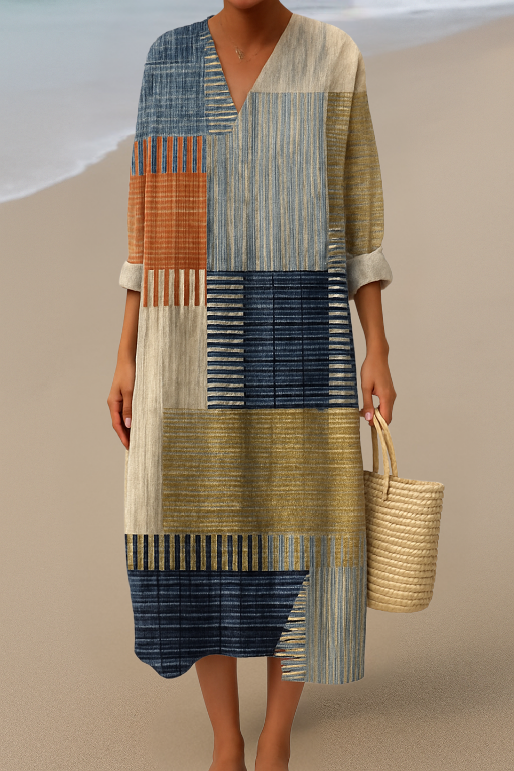 Långklänning med Patchworkmönster – Naturliga Färger för En Bohemisk Look