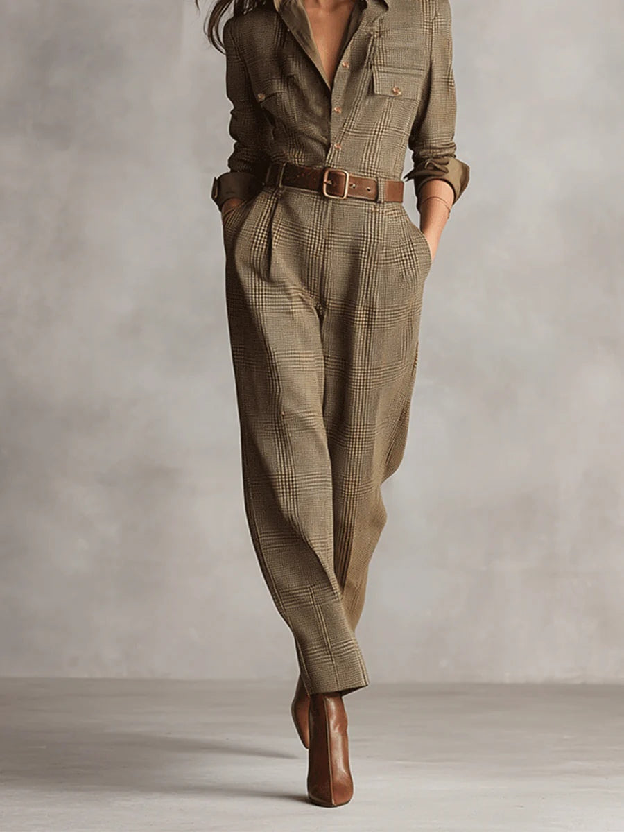 Zoë | Fins tweedtextur rutigt utility jumpsuit