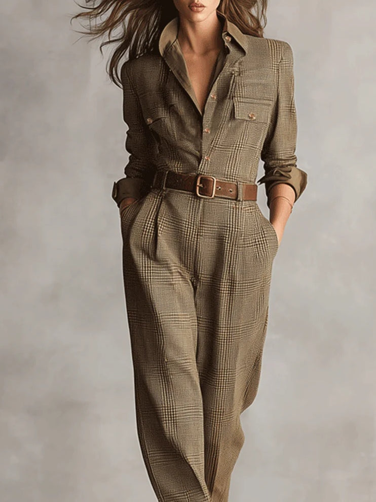 Zoë | Fins tweedtextur rutigt utility jumpsuit