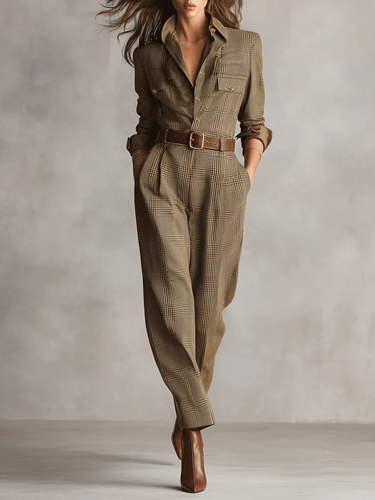 Zoë | Fins tweedtextur rutigt utility jumpsuit