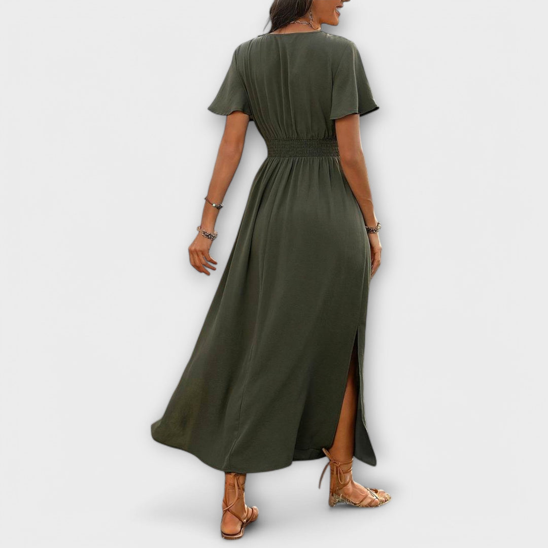 Heather – Elegant boho-klänning med V-ringning och långa ärmar